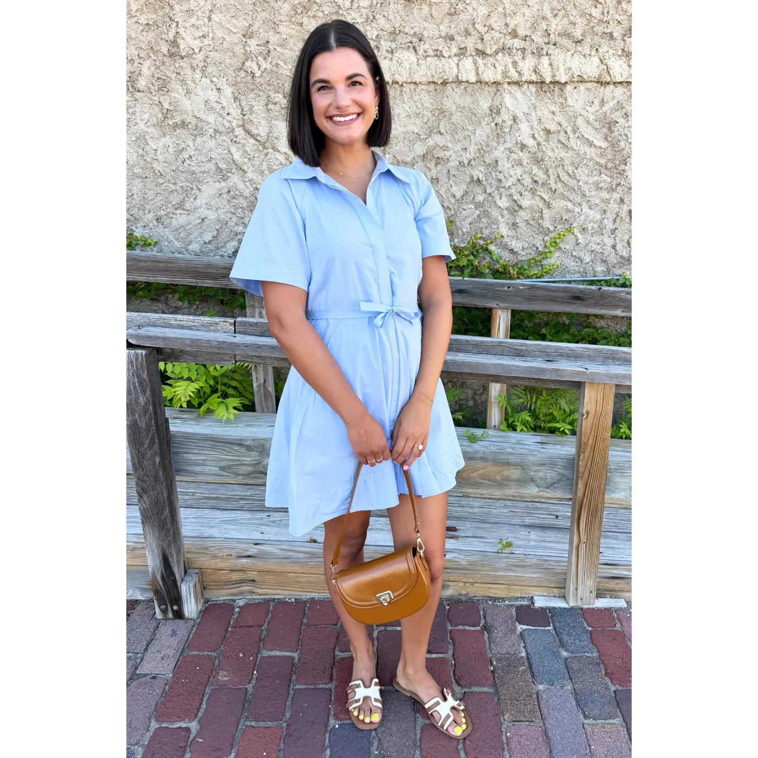 Collar Button Down Mini Dress W/ Elastic Waist Belt