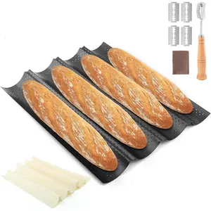 Baguette Bread Pan Set, 4-Loaf Nonstick Perforated French Bread Baking Pan (15 x 12 in) with Proofing Cloth and Lame, Baguette Baking Kit (Black)