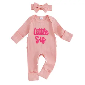 Baby Girl Fall Outfit Long Sleeve Embroidery Letters Jumpsuit with Bowknot Headband Baby Clothes