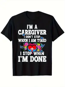 I Am Caregiver T-shirt-Bold white text with heart and medical symbol design, colorful floral and butterfly pattern-Perfect casual cotton T-shirt for caregivers, nurses and healthca, Christmas Eve, for young people, Black Friday, Halloween