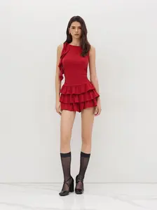 Cider Boat Neck Ruched Ruffle Hem Layered Micro Romper