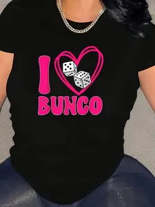 Game Night Women's I Love Bunco Graphic T-Shirt - Black Casual Short Sleeve Round Neck Fun Dice and Heart Design Comfortable Swear Game Night ApparelPlayful Graphic TeeNontransparent Material