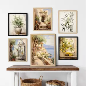 Retro Mediterranean Wall Art Lemon Olive Tree Poster Italian Landscape Canvas Painting Kitchen Decor Aesthetic Artwork