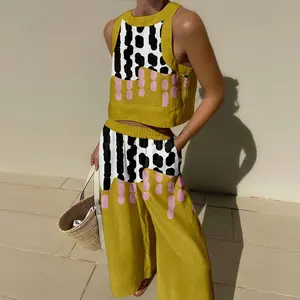 Mustard Yellow Print Sleeveless Set Crop Top and Wide Leg Pants with Pink Detail with Pocket