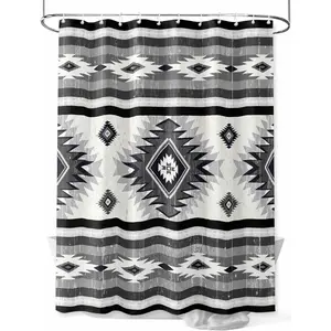 1/4 pcs Shower Curtain Gray Boho Aztec Bathroom Curtains with Hooks, Waterproof Fabric Southwest Tribal Geometric Bath Shower Curtains Set for Bathroom Bathtubs Decor 72x72 Inch