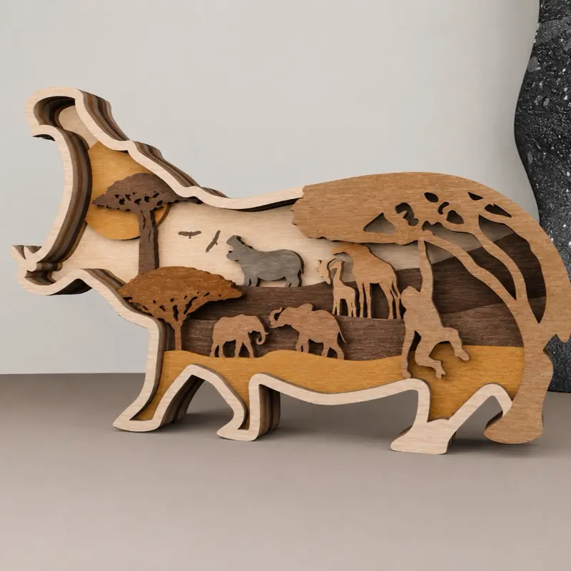 Wooden Crafted Hippo Decor - Handmade Wooden Hippo Sculpture for Home Decor