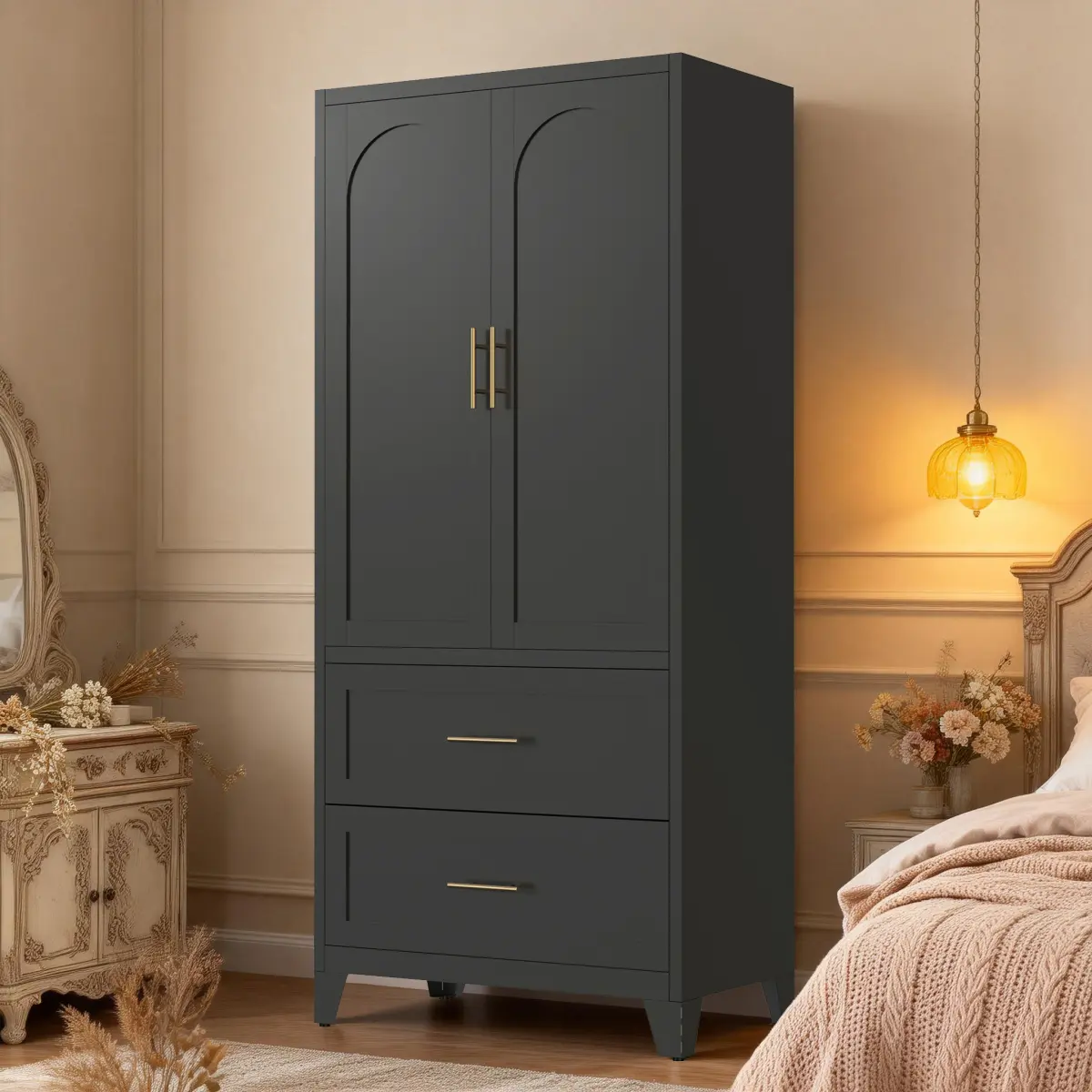 Aobtkel 71" Tall Heavy-Duty Non-Plastic Modern Double Wardrobe Cabinet - Metal Drawer Compartments Wardrobe with 2 Drawers, Hanging Rod, 2 Doors, Shelf for Bedroom, Office, Laundry Room (Black), Drawer Compartments Wardrobes, Heavy-Duty Wardrobes