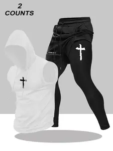 Men's Summer Set 2-Piece Cross Print Hooded Sleeveless Vest + Casual Waist Drawstring Pants Outdoor Sportswear Comfortable Breathable Fabric Track Suits