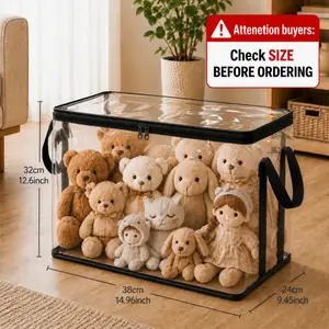 SummerVibes Stuffed Animal Storage PVC Organizer Bag Doll Storage Container Dustproof Box with Carrying Handle for Playroom Living Room Children's Birth, Black