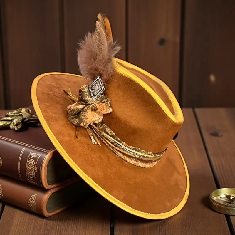 Rusty Peacock Hats Golden Legacy Artistry Line Fedora Hat with Metallic Gold Trim and Feather Jewel Centerpiece Handcrafted Suede Style Felt