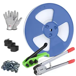 Banding Strapping Kit with 1/2" x 3200" Polypropylene (PP) Band 100 Metal Seals 20 Plastic Edge Protectors Tensioner Sealer Tool Glove for Pallet Box Packaging