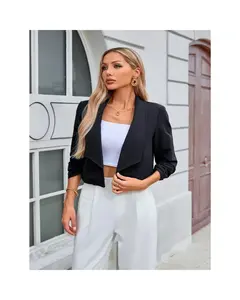 Women's Notched Lapel Ruched Sleeve Jackets Business Cropped Blazer Black 2XL
