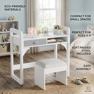 Garvee Adjustable Kids Desk And Chair Set Wooden Study Table With Bookshelf Cloth Drawer And Pen Holders Children Learning Writing Desk For Boys Girls White