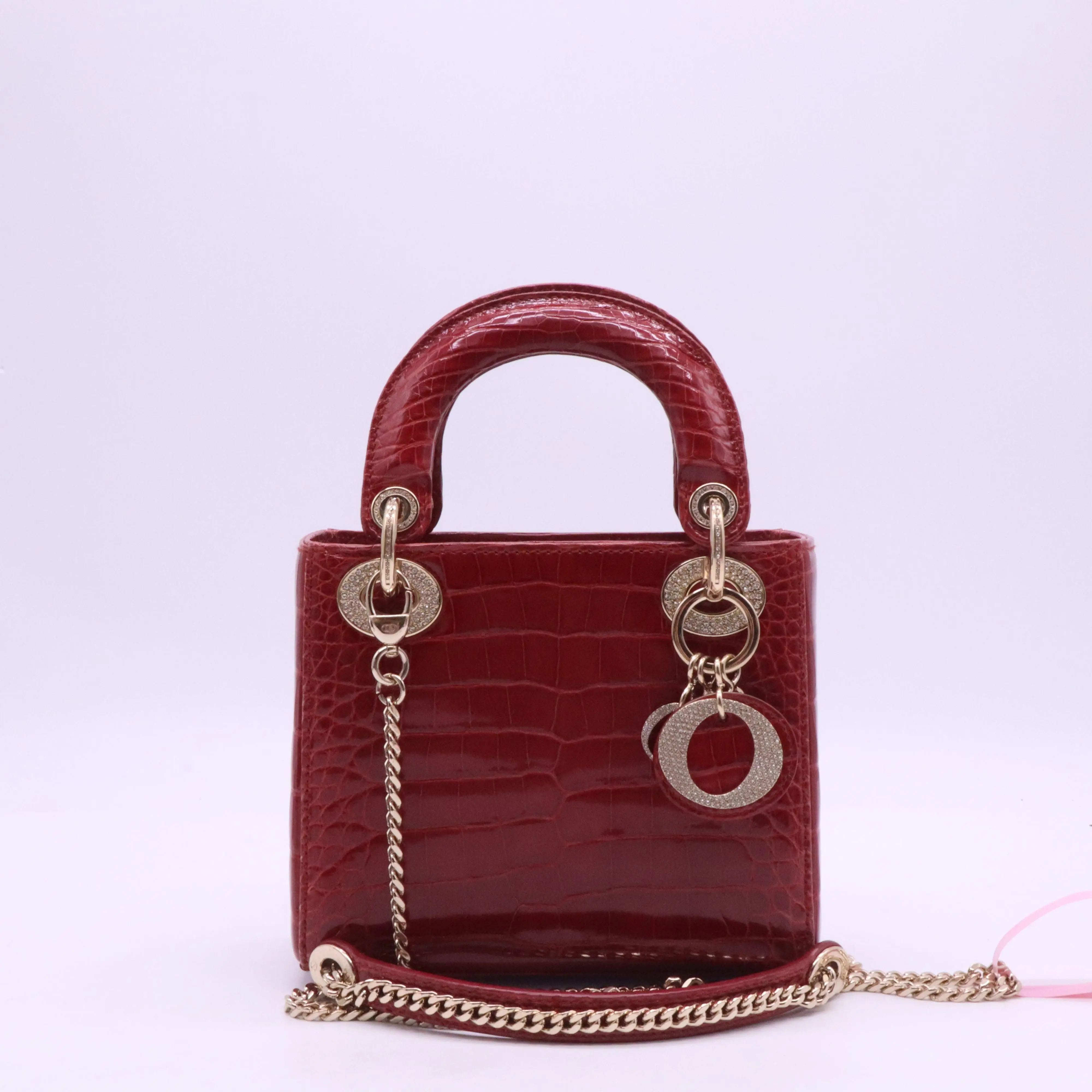 Pre-owned Dior leather Crossbody Bags Christian Red Crocodile Crystal Embellished Mini Lady Bag w/ Strap Twins LDJ3980