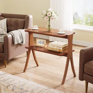 TRIBEWOOD Narrow Side Table for Living Room, Farmhouse End Table with 2-Tier Storage Shelf and Solid Wood Legs, Slim Tall Bedside Table Nightstand for Bedroom, Small Spaces, Entryway, Walnut cool