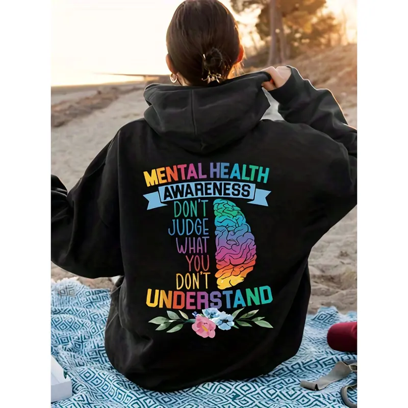 Women's Affirmational Graphic Print Long Sleeve Pull-On Hoodie - Fitted Cut, Stretch Cotton Blend Fabric, Mental Health Awareness, Casual Wear, XL, Check Detail, 1-Piece Design, No Excess Ornamentation, Hoodies