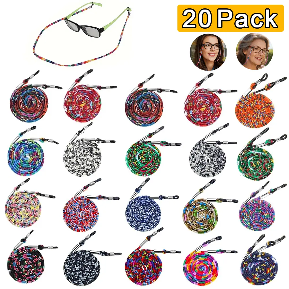 20 Pack Ethnic Eyeglass Holder Straps, Vibrant Woven Lanyard for Men, Women & Teens with Adjustable Anti-Slipping Rubber Grip, Unisex Names, Lightweight, Indoor/Outdoor