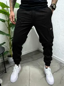 Men's Plain Color Work Pants, Casual Outdoor Trouser, Drawstring Waist Multi-Pocket Design, Velcro Closure, Outdoor Sports & Daily Wear, All Seasons