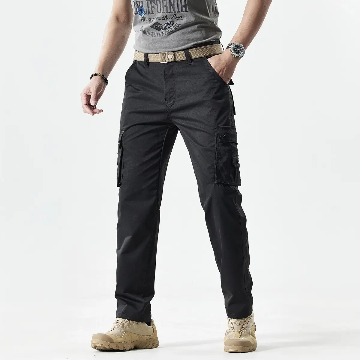 Men's Fitted Plain Solid-Color Straight-Leg Utility Khakis, Multi-Pocket Pants for Casual Everyday Wear, Ideal Father's Day Gift, All-Seasons Menswear Trousers