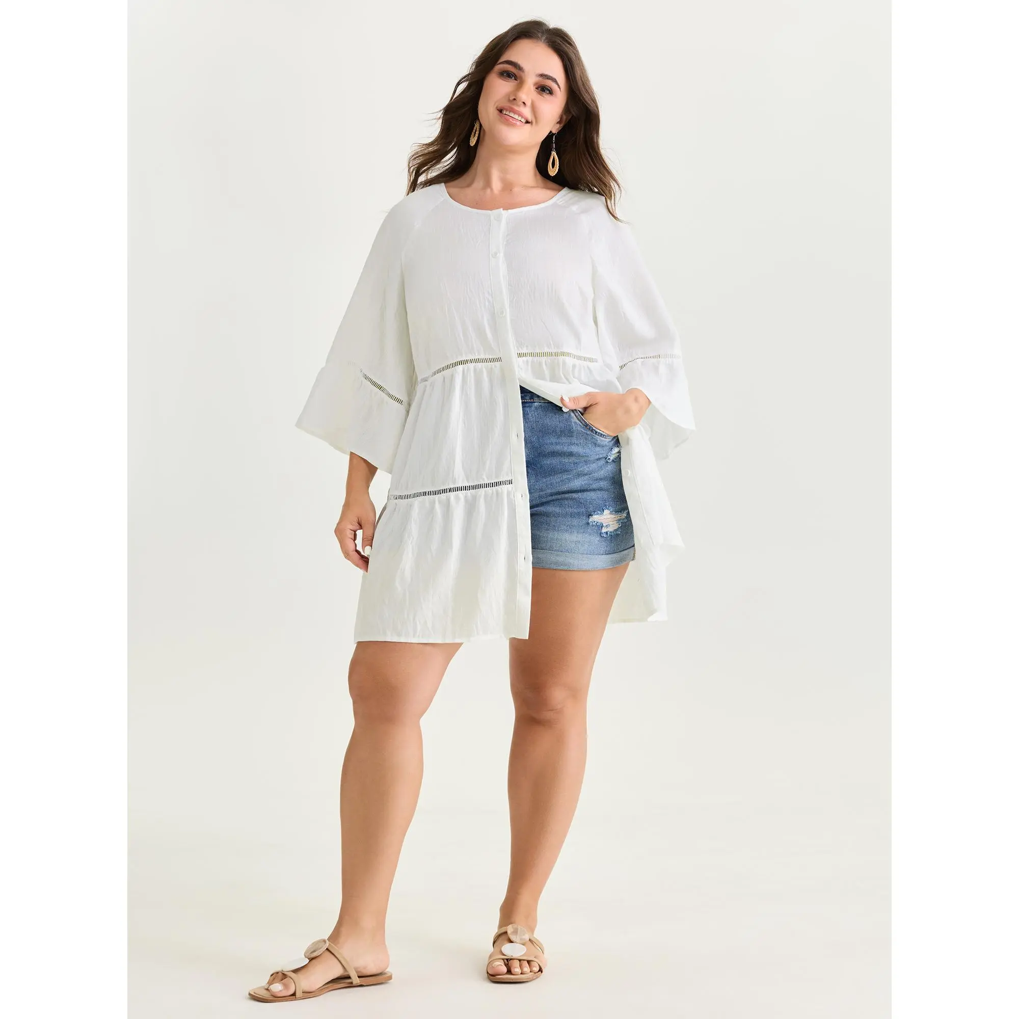 BloomChic Women's 80% Polyester 20% Rayon Patchwork Tunic Blouse - Resort Style, 3/4 Ruffle Sleeves, Button Accents, Tiered Details, Woven Ribbon, Fit, Smooth Fabric, Machine Wash, Do Not Tumble Dry,SohoChic