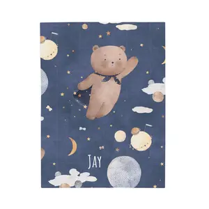 Personalized name Flying Teddy Bear Velveteen Plush Blanket | Night Sky, Moon & Stars, baby gift, baby shower gift, newborn, boy, toddler, nursery