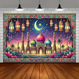 1PC 2D Flat Polyester Ramadan Mubarak Backdrop - Mosque Moon Lantern Themed Tapestry, Reusable Eid al-Fitr Festival Atmosphere Wall Cloth, Birthday Room Decor Hanging Tapestry, Photo Shooting Prop,summerwins