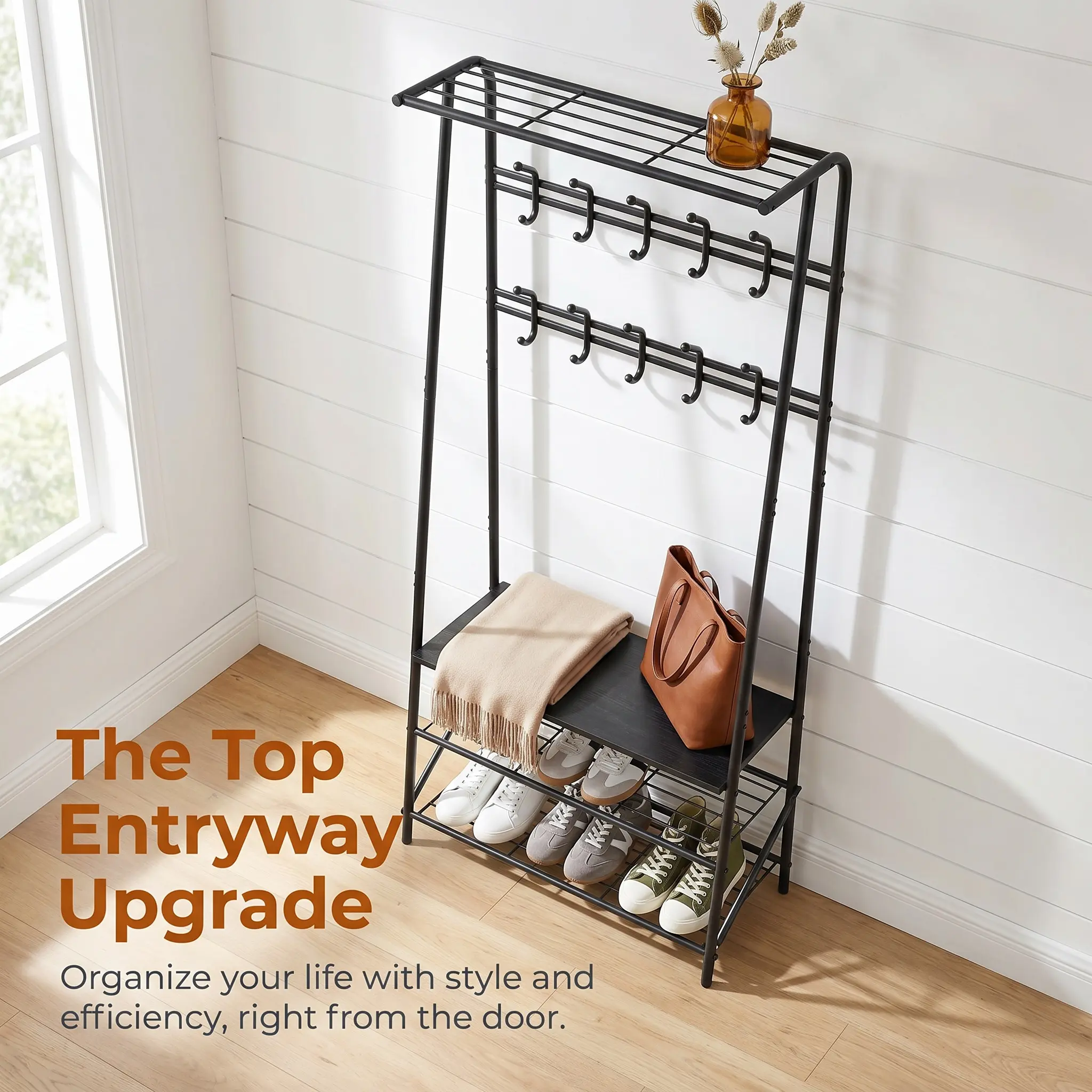 YJ-Garvee coat rack hallway tree with bench and shoe storage entrance bench with coat rack 8 hooks and 3-tier shoe storage metal frame for entrance area, hallway, front door, black