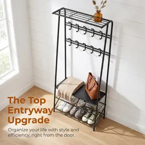 YJ-Garvee coat rack hallway tree with bench and shoe storage entrance bench with coat rack 8 hooks and 3-tier shoe storage metal frame for entrance area, hallway, front door, black