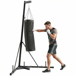Adult Freestanding Boxing Punch Bag Stand, Black Dual Height-Adjustable Holder with 2 Modes (68.9"-86.6" & 72.8"-90.9"), 17-Hole Upper Adjustment Pole, Weight Plate Compatibility for Extra Stability, Empty Canvas Sandbag Accepts Sawdust, Foam Cotton, Sand
