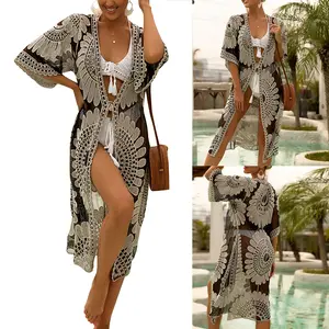 Womens Bathing Suit Cover Up 3/4 Sleeve Mesh Swimsuit Coverup Long Floral Beach Lace Kimono Summer Cardigan black