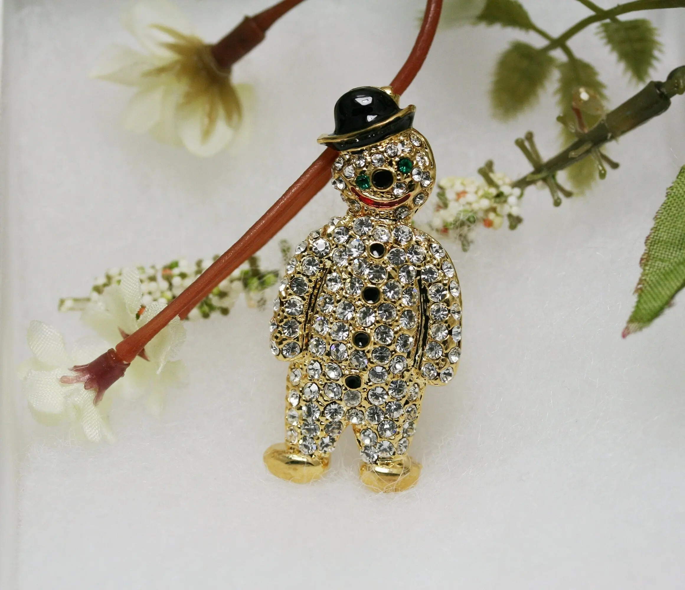 Gold Clear Crystal Pave Black Top Hat Snowman Lapel Pin Winter Holiday Christmas Brooch