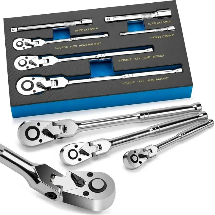 6-Piece Flex Head Ratchet Set, 1/4", 3/8" & 1/2" Drive Swivel Head Ratchet Wrench with Extension Bars, 72-Tooth 180° Adjustable Quick-Release CR-V Tool Kit for Tight Spaces