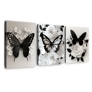 3-Piece Modern Wooden Wall Art Set, & Butterfly Floral Design, Creative 3D Canvas Prints for Living Room Bedroom Decoration