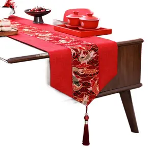 Red Wedding Table Runner Festive Celebration Tea Table Cloth Double Layer Waterproof Jacquard Koi Embroidered Designs New Style