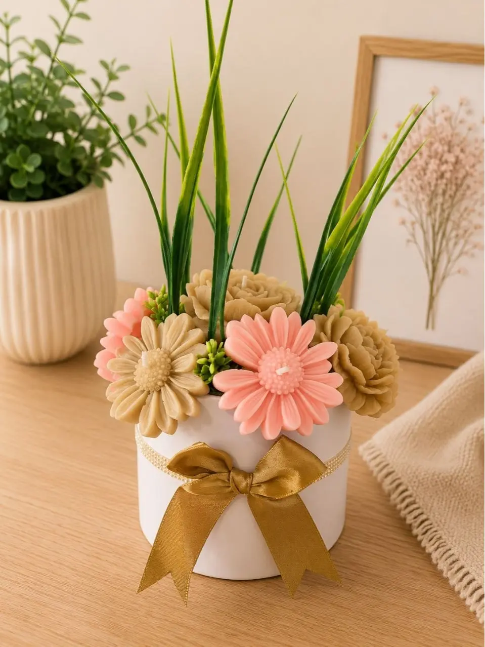 Elegant Floral Arrangement in White Box with Gold Bow and Greenery for Home Decor