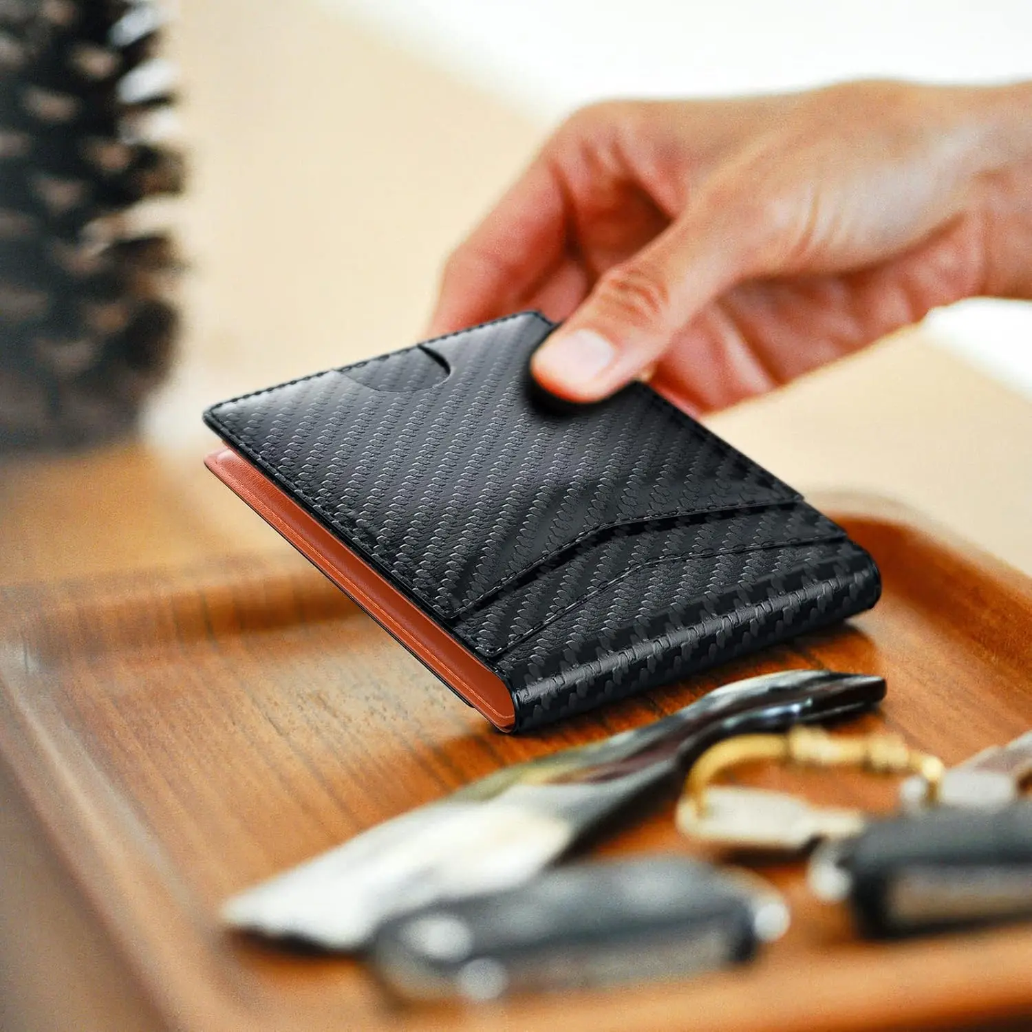 Men's AirTag Leather Wallet - Carbon Fiber Slimming Front Pocket Men's Minimalist Wallet, Lightweight Front Pocket, Built in AirTag Bracket, Includes Gift Box and Screen protector