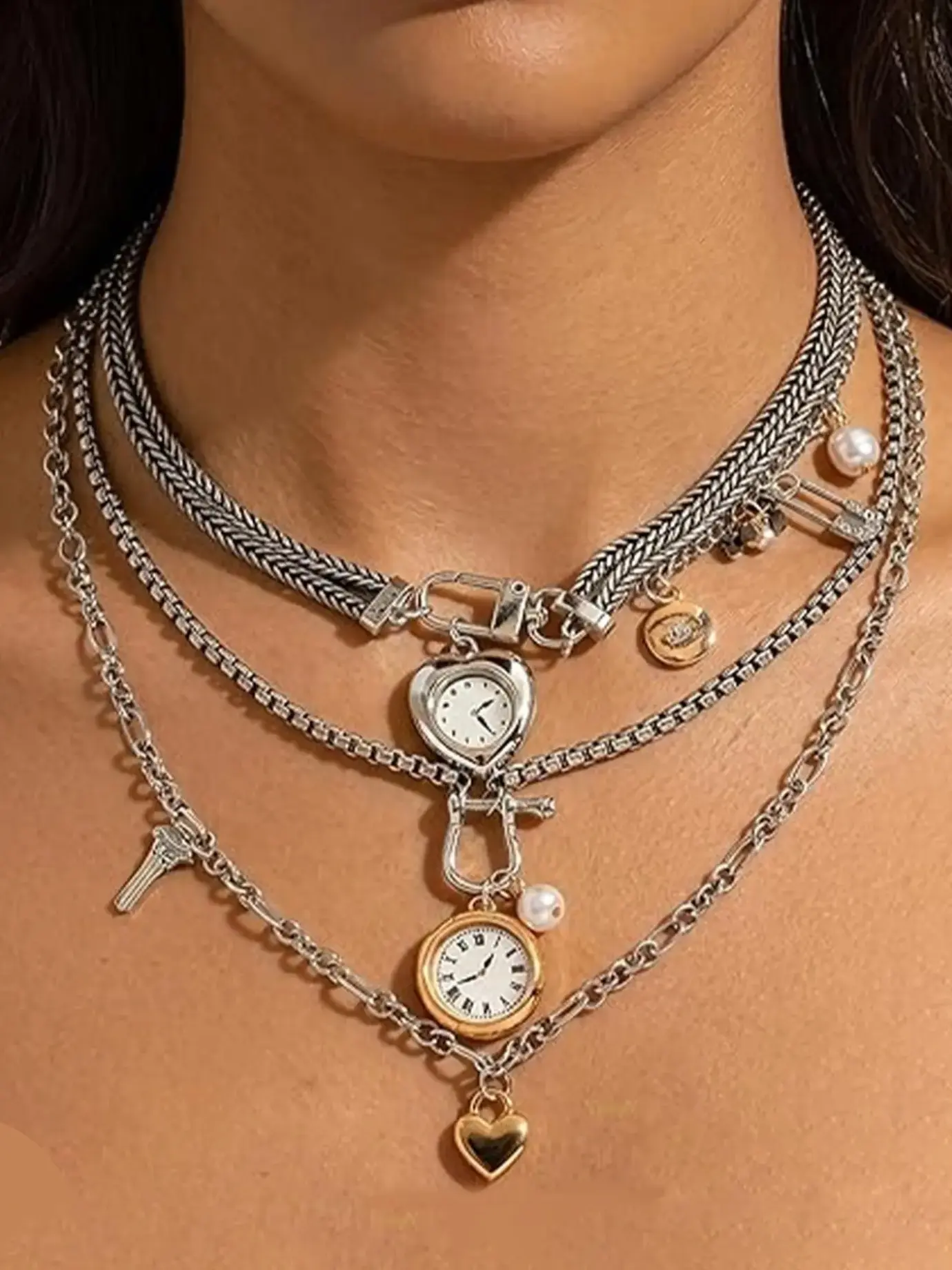 3-Piece Layered Clock Necklace Set, Boho Style Handmade Multi-Layer Pendant, Dainty Layering Jewelry, Vintage Irregular Chain Jewelry for Women, Everyday Wear Jewelry