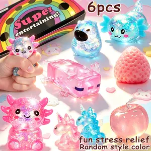 6pcs New Strange Salamander Cute Expression Sensory Toy Set, Soft Shell Aurora Glitter Malt Fidget Toy, Creative Slow Rebound Toy, Perfect Gift