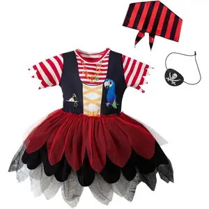 KF5-GCS035   Toddler Baby Girl Pirate Costume Halloween Sea Buccaneer Tutu Dress And Head Scarf With Pirate eye mask