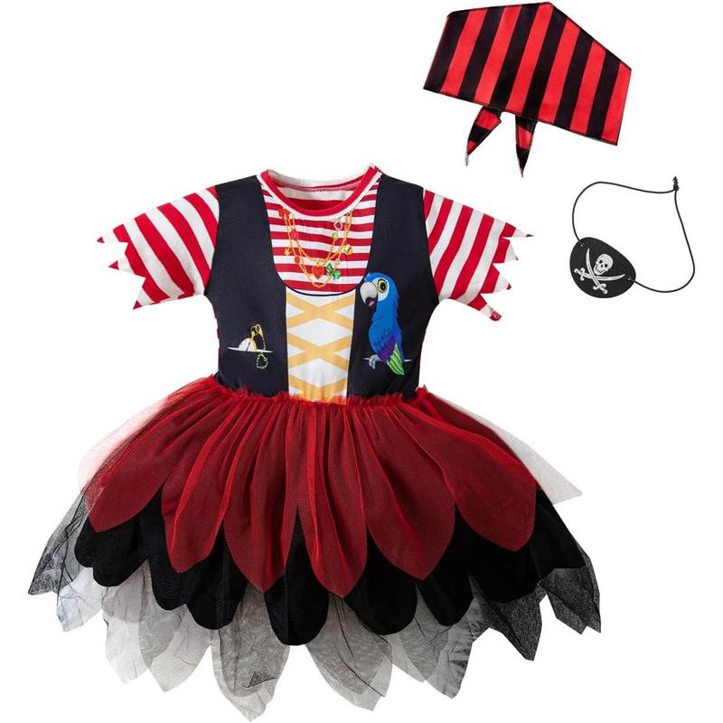 KF5-GCS035   Toddler Baby Girl Pirate Costume Halloween Sea Buccaneer Tutu Dress And Head Scarf With Pirate eye mask