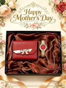 4pcs Mother's Day Gift Set, Luxury Gold Jewelry Watch Box, Watch Necklace Bracelet Wallet Kit, Practical High-End Gift for Mom, Elegant Jewelry Set