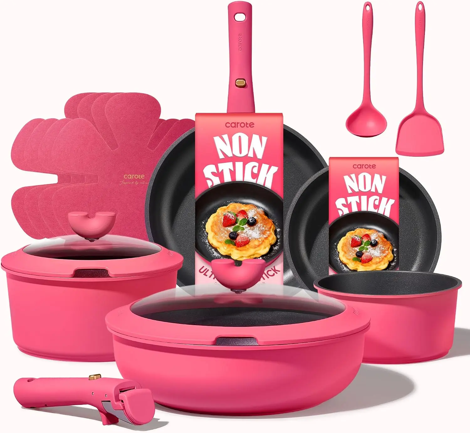 [Official] CAROTE 15-Piece Rose Pink Pots and Pans Set Non Stick, Cookware Set with Detachable Handle, Induction Compatible, Dishwasher & Oven Safe, Space Saving, Camping Cooking Set, Kitchen Set