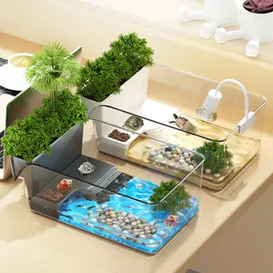 Compact Turtle Crab Aquarium Tank, Desktop Size Eco Tank with Landscape and Basking Area, Durable Pet Material, Perfect Home for Tortoises and Crabs