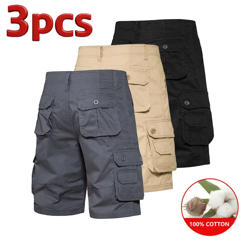 Men’s 3-Pack 100% Cotton Cargo Shorts, Multi-Pocket Casual Workwear, Elastic Waist, Durable & Breathable, Perfect for Outdoor Activities, Everyday Wear, and Summer Street Style.
