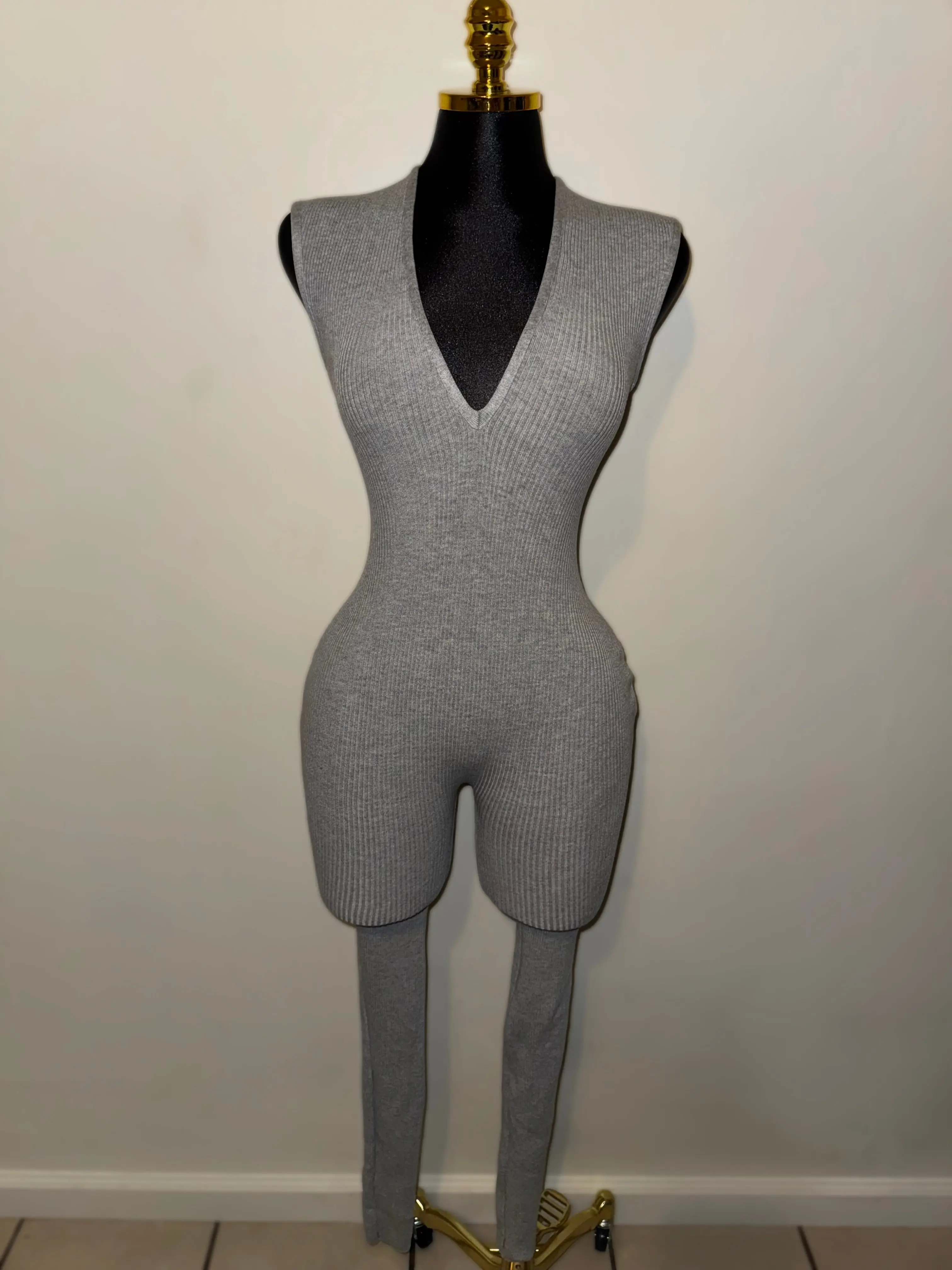 Gray V Neck Jumpsuit