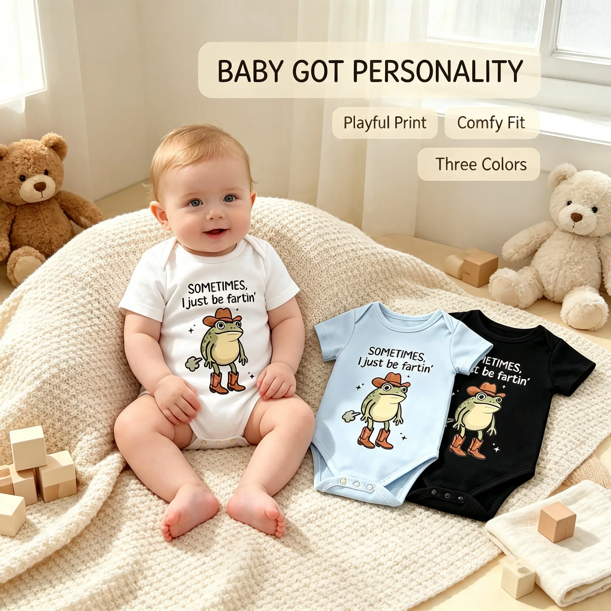 Boys' Soft Cotton Baby Onesie - Funny "Sometimes I Just Be Fartin'" Cowboy Frog Graphic Newborn Romper, Baby Shower Gag Gift