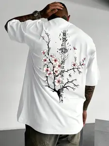 Men's Cherry Blossom Tree Print Short Sleeve Tee, Regular Fit Casual Fashion T-shirt for Daily Wear, Men's Top for Spring & Fall, Pajama