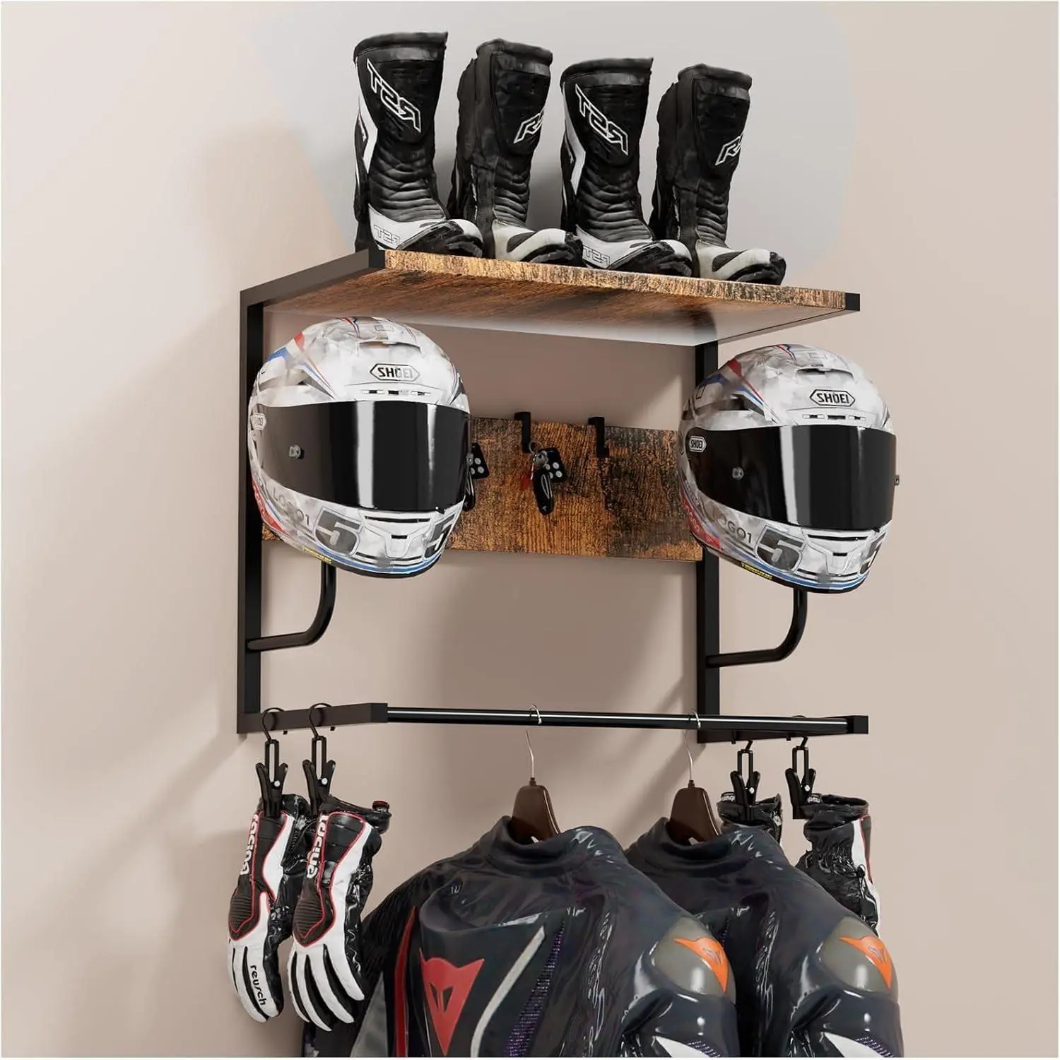 Multi functional wall mounted helmet rack with 4 glove racks and 4 hooks for storage devices, wall mounted for motorcycles, bicycles, and sports helmets