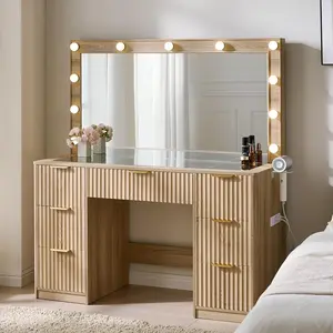 [SummerVibes]AMERLIFE 36.2/47.2" Fluted Vanity Desk with Mirror and Adjustable LED Lights, Large 4/7 Drawers Makeup Table with Glass Top and Charging Station for Women and Girls,,Best Gift Ideas/Christmas Gifts, Lighted Vanity Table, Modern Makeup Vanity