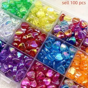 100 pcs 9mm AB Colored Heart-Shaped Acrylic Beads. These transparent, colored heart-shaped beads are suitable for making necklaces, bracelets, earrings, phone charms, keychains, and other jewelry and decorations. DIY craft material.